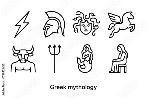 Greek Mythology Icon Set. Outline icon set of Greek mythology: Zeus lightning bolt, Athena helmet, Medusa head, Pegasus, Minotaur, Trident, Siren, Oracle. Line