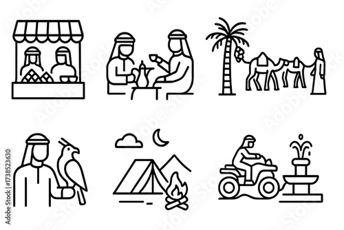 Saudi-Emirati Icon Set. Outline icon set of Saudi daily life: Market souk, Traditional coffee house, Camel caravan, Date harvesting, Falconry, Desert camping,