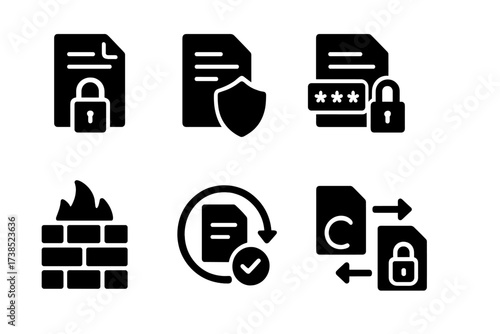 Report Security Icons. Solid, filled icon set of report security: padlock, shield, password, encryption, firewall, access control, backup, secure transfer.