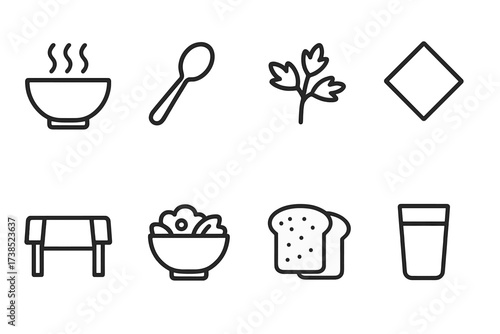 Slow Cooker Meal Icons. Outline icon set of slow cooker meal presentation: serving bowl, spoon, garnish, napkin, dining table, salad side dish, bread, drink