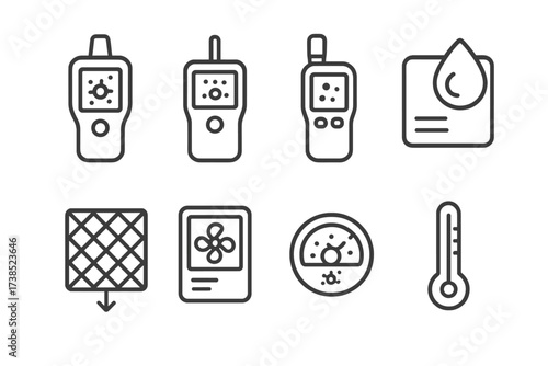 Dust Monitoring Icons. Outline icon set of dust measurement and monitoring: dust meter, air quality sensor, particulate counter, humidity meter, filter gauge,