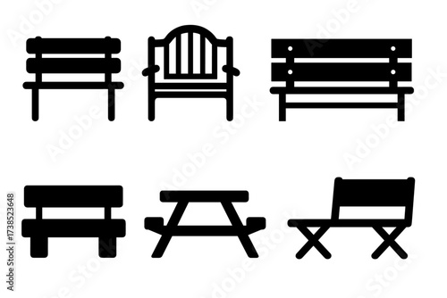 Bench Icon Set. Solid, filled icon set of bench types: park bench, garden bench, wooden bench, metal bench, stone bench, picnic bench, folding bench, bench