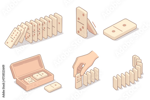 Domino Chain Reaction. Isometric vector illustration set Chain reaction pieces: domino tile line fall, first tile tipping, final