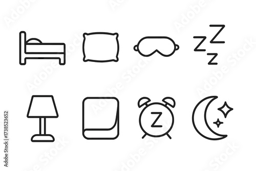 Sleep Icon Set. Outline icon set of sleep and napping: bed, pillow, sleep mask, zzz symbol, night lamp, blanket, snooze alarm, moon with stars. Line icons in