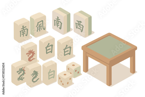 Mahjong Game Icons. Isometric vector illustration set Mahjong game elements: mahjong tile chinese game, dragon tiles red green