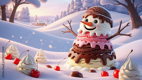 Whimsical Winter Scene Featuring an Ice Cream Snowman with Cherries and Whipped Cream Decorations