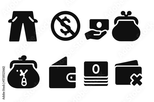 Financial Emptiness Icons. Solid, filled icon set of financial emptiness: empty pants pockets, no money sign, cashless hand, empty purse, broken zipper, empty