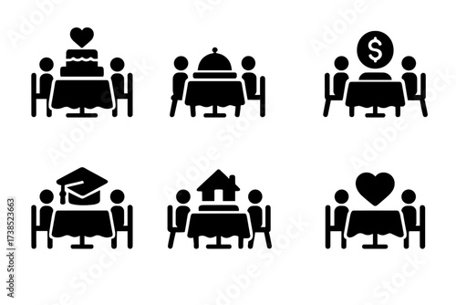 Event Icon Set. Solid, filled icon set of banquet event types: wedding reception, corporate dinner, award banquet, fundraiser gala, graduation party, family