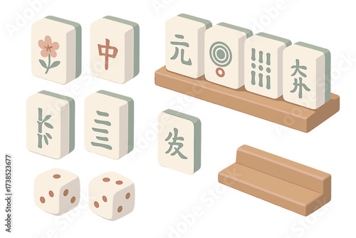 Mahjong Game Set. Isometric vector illustration set Mahjong complete set: mahjong tile chinese game, bamboo and character tiles,