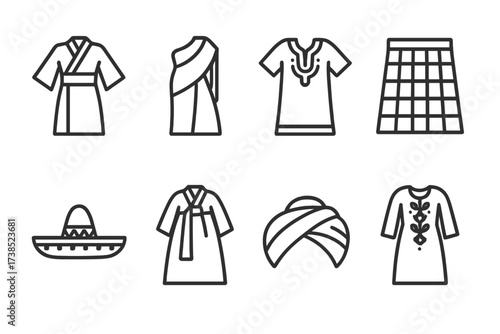 Traditional Clothing Icons. Outline icon set of traditional clothing: kimono, sari, dashiki, kilt, sombrero, hanbok, turban, embroidered dress. Line icons in