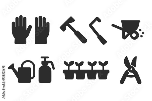 Garden Tools Icons. Solid, filled icon set of seed tools: garden gloves, hand rake, hoe, seed spreader, watering can, sprayer, seedling tray, pruning shears.