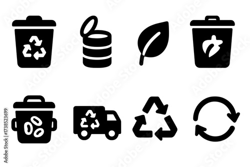 Canned Beans Recycling Icons. Solid, filled icon set of canned beans recycling: recycling bin, metal can, eco-friendly symbol, compost bin, waste sorting,