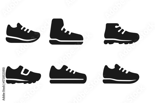 Sports Shoes Icons. Solid, filled icon set of sports shoes: running shoes, basketball shoes, soccer cleats, hiking boots, cycling shoes, tennis shoes, skate