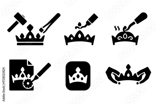 Tiara Crafting Icons. Solid, filled icon set of tiara crafting: metalworking, stone setting, engraving, soldering, polishing, design sketch, mold, assembly.