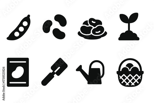 Lima Beans Icon Set. Solid, filled icon set of lima beans: lima bean pod, shelled lima beans, cooked lima beans, plant sprout, seed packet, garden shovel,