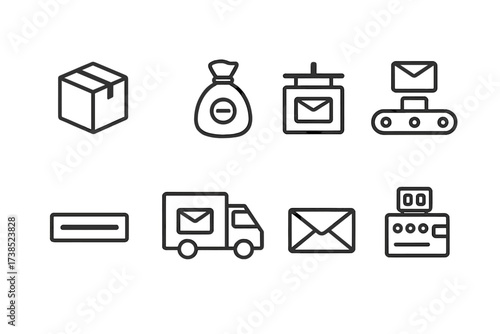 Postal Logistics Icons. Outline icon set of postal logistics: parcel box, mailbag, post office sign, sorting conveyor, mailbox slot, post truck, letter