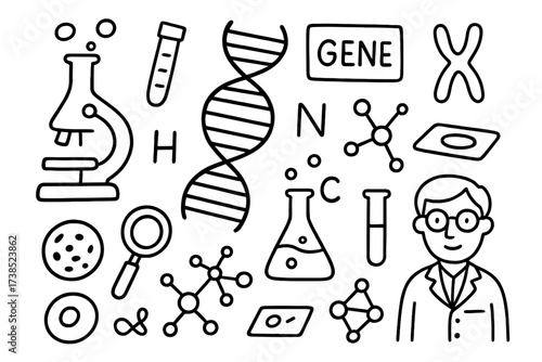 Genetic Science Doodle. Hand-drawn doodle illustration DNA strand illustration DNA double helix, nucleotide bases, microscope, test tube, gene icon,