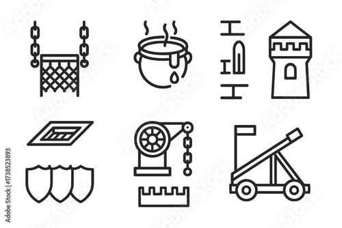 Castle Defense Icons. Outline icon set of castle gate defensive mechanisms: portcullis chains, boiling oil cauldron, arrow slit, trapdoor, drawbridge winch,