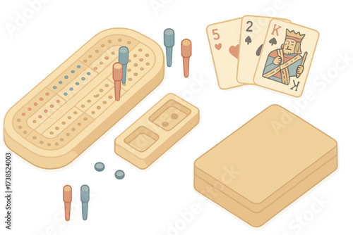 Cribbage Game Elements. Isometric vector illustration set Cribbage game elements: cribbage peg board points, red and blue pegs,