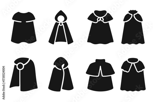 Historical Cloaks Icons. Solid, filled icon set of historical cloaks: Roman cloak, medieval cloak, Renaissance cloak, Victorian cloak, Celtic cloak, Nordic