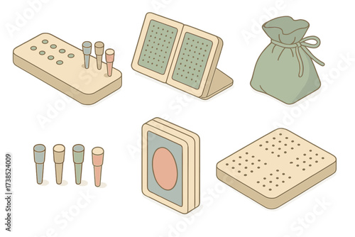 Portable Cribbage Kit. Isometric vector illustration set Portable cribbage kit: cribbage peg board points, folding board, peg set,