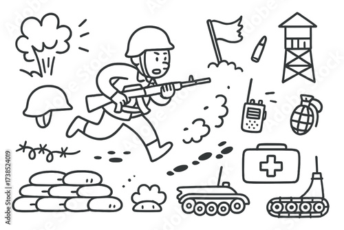 Tactical Withdrawal Doodle. Hand-drawn doodle illustration Tactical withdrawal scene soldier running, helmet, rifle, explosion, smoke, barbed wire, sandbag,