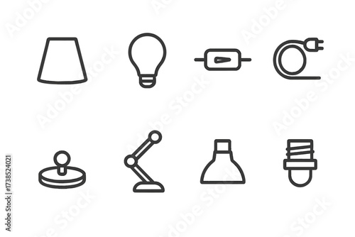 Lamp Parts Icons. Outline icon set of lamp parts: lampshade, bulb, switch, power cord, base, adjustable arm, reflector, socket. Line icons in only black color,