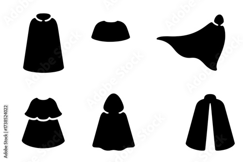 Cape Icon Set. Solid, filled icon set of cape styles: full-length cape, shoulder cape, half cape, dramatic flowing cape, short cape, ruffled cape, hooded cape,