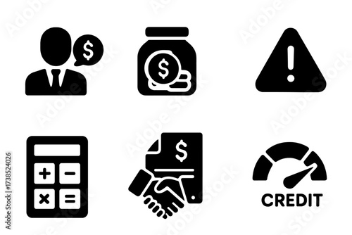 Bankruptcy Prevention Icons. Solid, filled icon set of bankruptcy prevention: financial advice, savings jar, budget plan, warning sign, calculator, handshake,