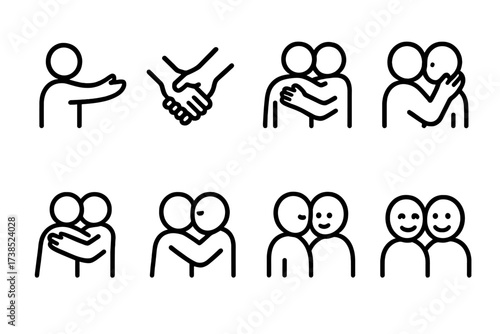 Embrace and Fireplace Icons. Outline icon set of embrace actions: reaching arms, holding hands, patting back, clasping hands, touching cheeks, wrapping arms,