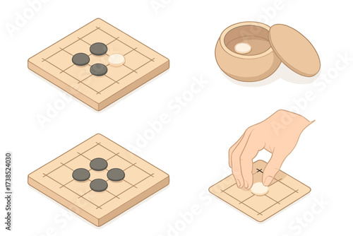 Go Game Strategy Icons. Isometric vector illustration set Board game of Go: go stone capture territory, grid intersections, bowl