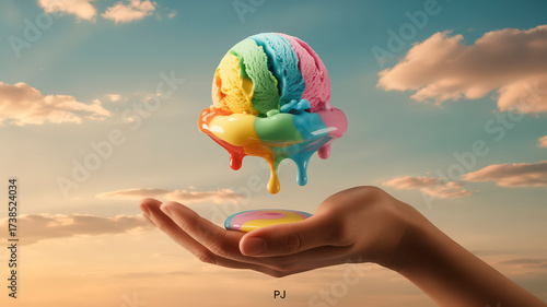 A Colorful Rainbow Ice Cream Scoop Melting in the Sky Held in a Hand a Sweet Treat on a Sunny Day Delightful