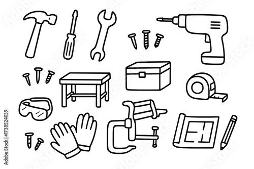Workshop Tools Doodle. Hand-drawn doodle illustration workshop hammer, screwdriver, wrench, saw, drill, nails, screws, workbench, toolbox, measuring tape,
