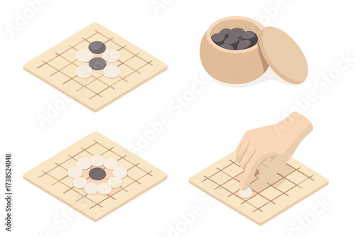 Go Game Strategy Icons. Isometric vector illustration set Board game of Go: go stone capture territory, grid intersections, bowl
