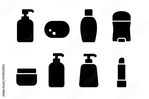 Unscented Care Icons. Solid, filled icon set of unscented personal care products: unscented lotion, unscented soap bar, unscented shampoo, unscented deodorant,