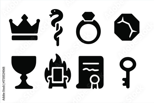 Symbols of Authority. Solid, filled icon set of temptation and power: golden crown, serpent scepter, ring of command, red gem, royal chalice, burning throne,