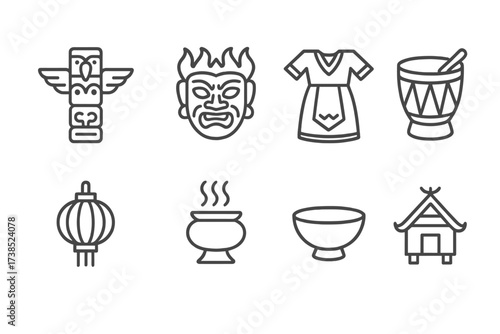 Cultural Tradition Icons. Outline icon set of cultural tradition: totem pole, festival mask, folk costume, drum, lantern, incense burner, ritual