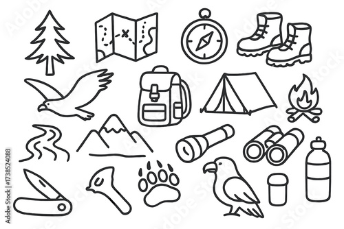 Nature Adventure Icons. Hand-drawn doodle illustration Forest exploration pine tree, map, compass, hiking boots, backpack, tent, campfire, river, mountain,