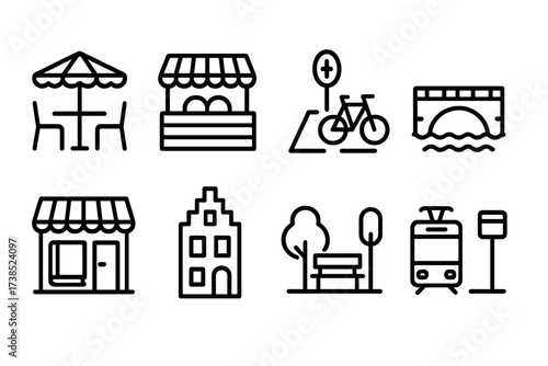 Dutch and Belgian Icons. Outline icon set of Dutch daily life: street cafe, market stall, bicycle lane, canal bridge, bookshop, canal house, park bench, tram