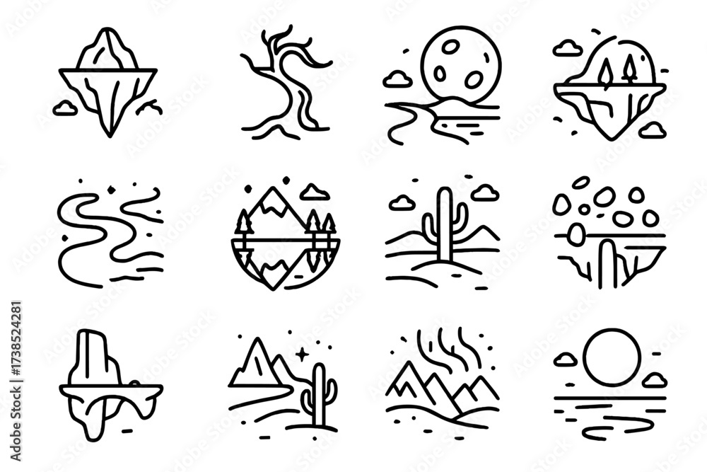 Fototapeta premium Surreal Icon Landscapes. Surreal landscapes. Line icon set of surreal landscapes: floating mountain, twisted tree, oversized moon, glowing river, mirrored