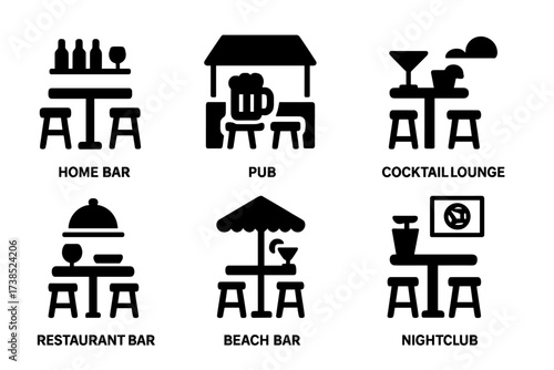 Bar Icons Grid. Solid, filled icon set of bar table environments: home bar, pub, cocktail lounge, rooftop bar, restaurant bar, beach bar, sports bar,
