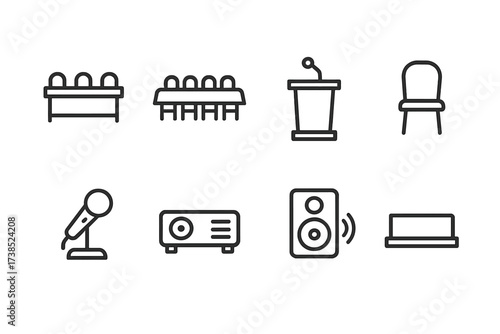 Chamber Icon Set. Outline icon set of chamber environments: meeting room, conference table, podium, chair, microphone, projector, speaker, nameplate. Line