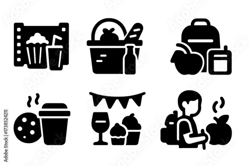 Snack Occasion Icons. Solid, filled icon set of snack occasions: movie night, picnic, school lunch, road trip, office break, party, hiking, after school. [Line