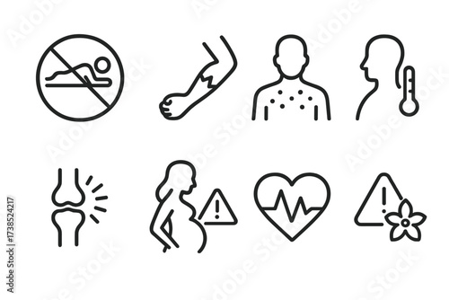 Massage Warning Icons. Outline icon set of massage contraindications: no massage sign, injury, rash, fever, inflammation, pregnancy caution, heart condition,