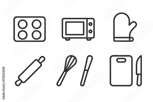 Snack Preparation Icons. Outline icon set of snack preparation: baking tray, microwave, mixing bowl, oven mitt, rolling pin, whisk, cutting board, knife. [Line