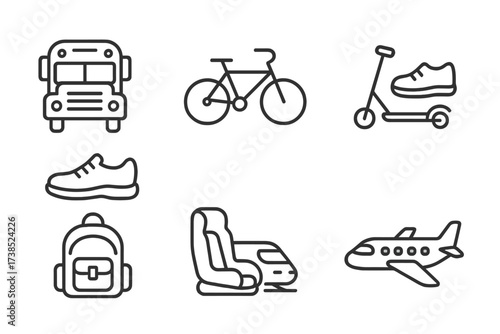 Travel Icon Set. Outline icon set of sibling travel and transportation: school bus, bicycle, scooter, walking shoes, backpack, car seat, train, airplane. Line