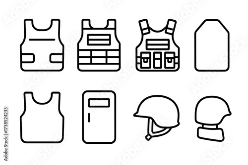 Body Armor Icons. Outline icon set of body armor types: ballistic vest, plate carrier, tactical vest, ceramic plate, soft armor, riot shield, helmet, neck