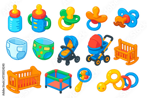 Vibrant Baby Essentials Icons. Isometric vector illustration set baby icons: vented bottle, double-handle bottle, silicone