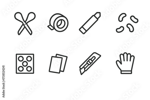 Packing and Shipping Icons. Outline icon set of packing tools: scissors, tape dispenser, marker, packing peanuts, bubble wrap, cardboard sheets, box cutter,
