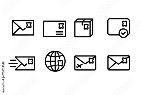 Stamp Usage Icons. Outline icon set of stamp usage: letter, postcard, parcel, registered mail, express mail, international mail, airmail, return receipt. Line